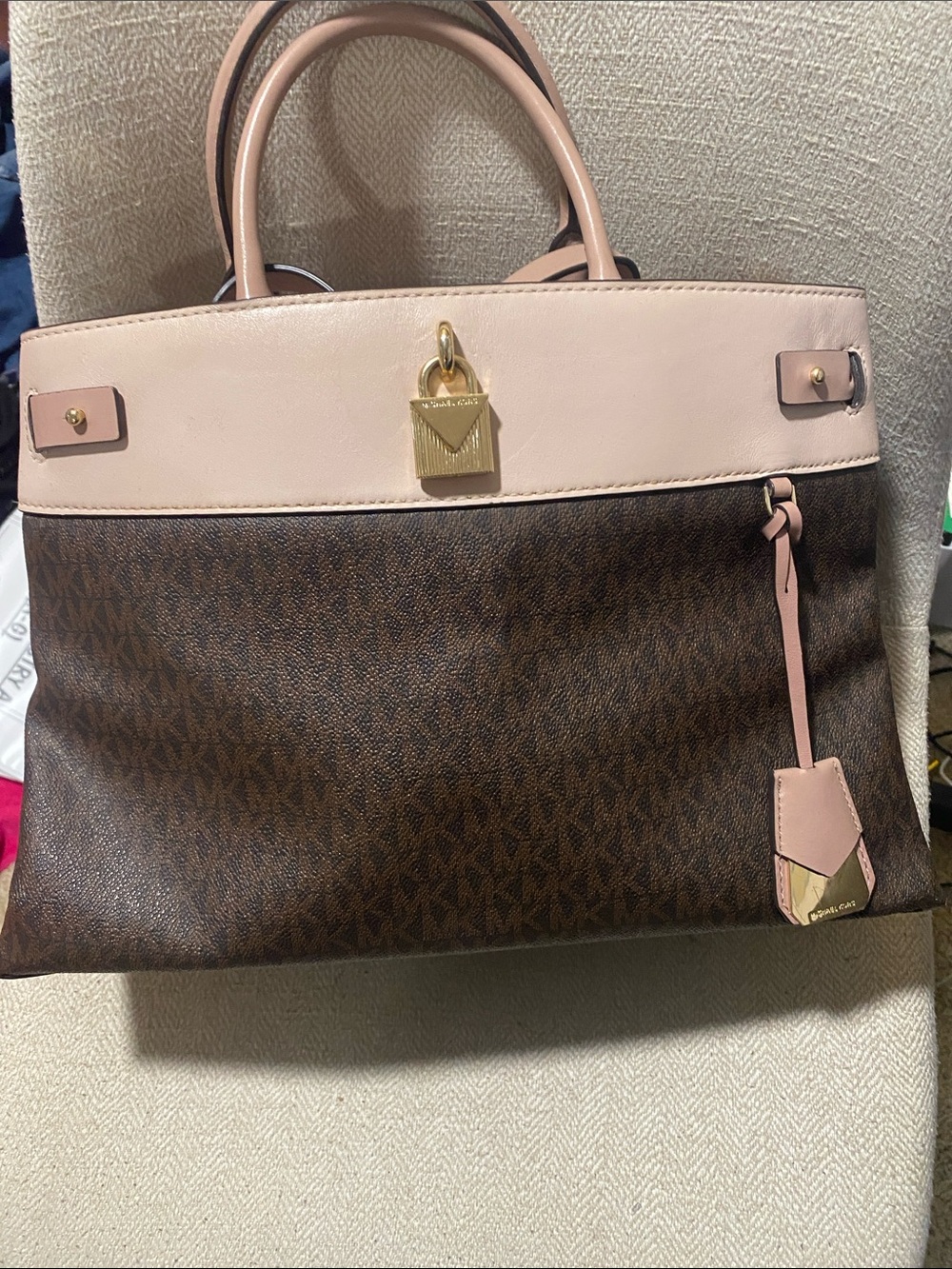 Michael Kors Brown Signature Tote with Light Pink Trim and matching wallet